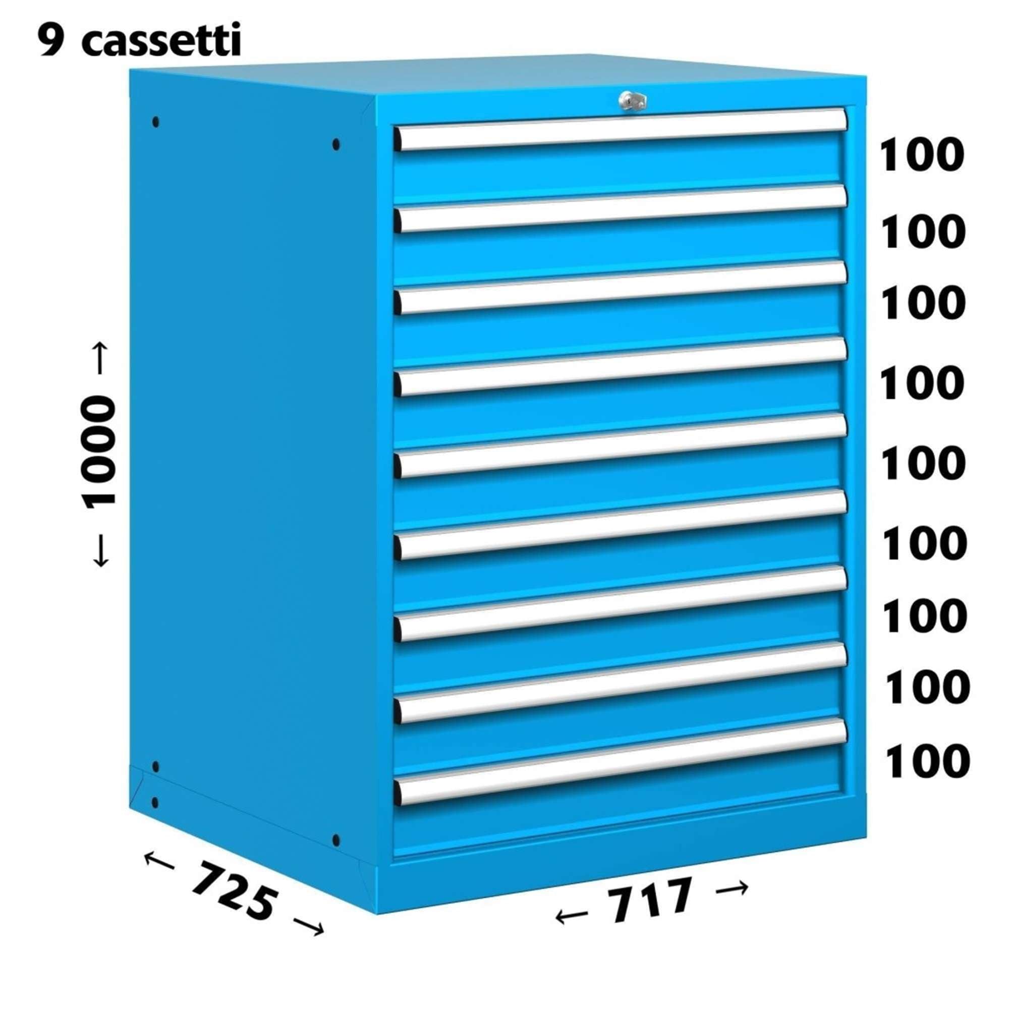 Armadio con 9 cassetti per officina industriale 717 X 726 X 1000 H - estrazione totale TELESCOPICA - FAMI FAG20406004 - Blu