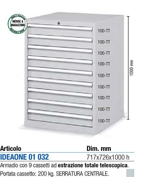 Armadio con 9 cassetti per officina industriale 717 X 726 X 1000 H - estrazione totale TELESCOPICA - FAMI FAG20406008 - Grigio