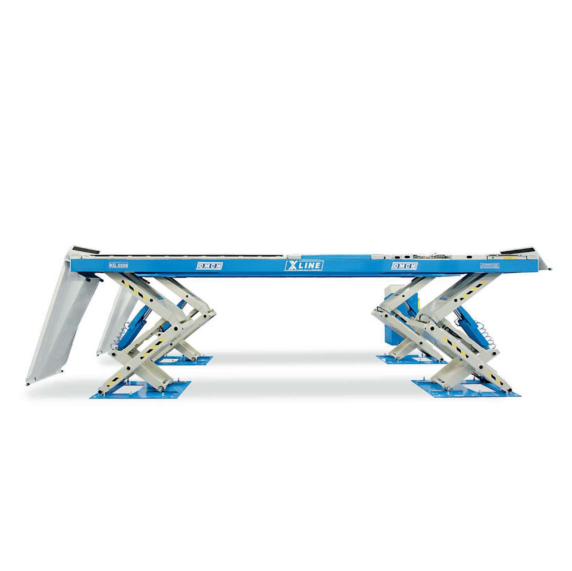 Sollevatore elettroidraulico X-LINE portata 5500 kg con lift table portata 4000 kg assetto con provagiochi