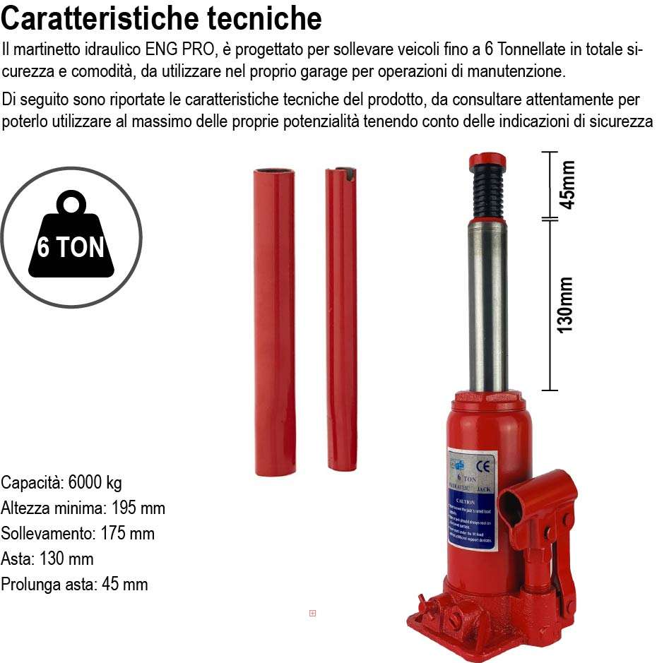 Cric auto sollevatore idraulico martinetto a bottiglia 6 t - ENG PRO MA CB 0006