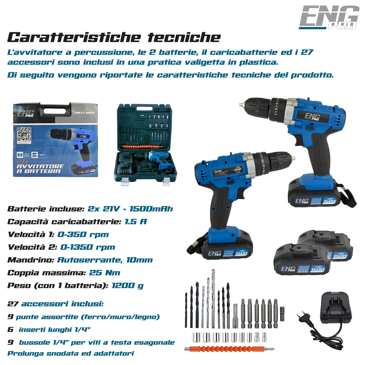 Trapano avvitatore foratura a percussione 21V +27 accessori - ENG PRO UM ET AB21