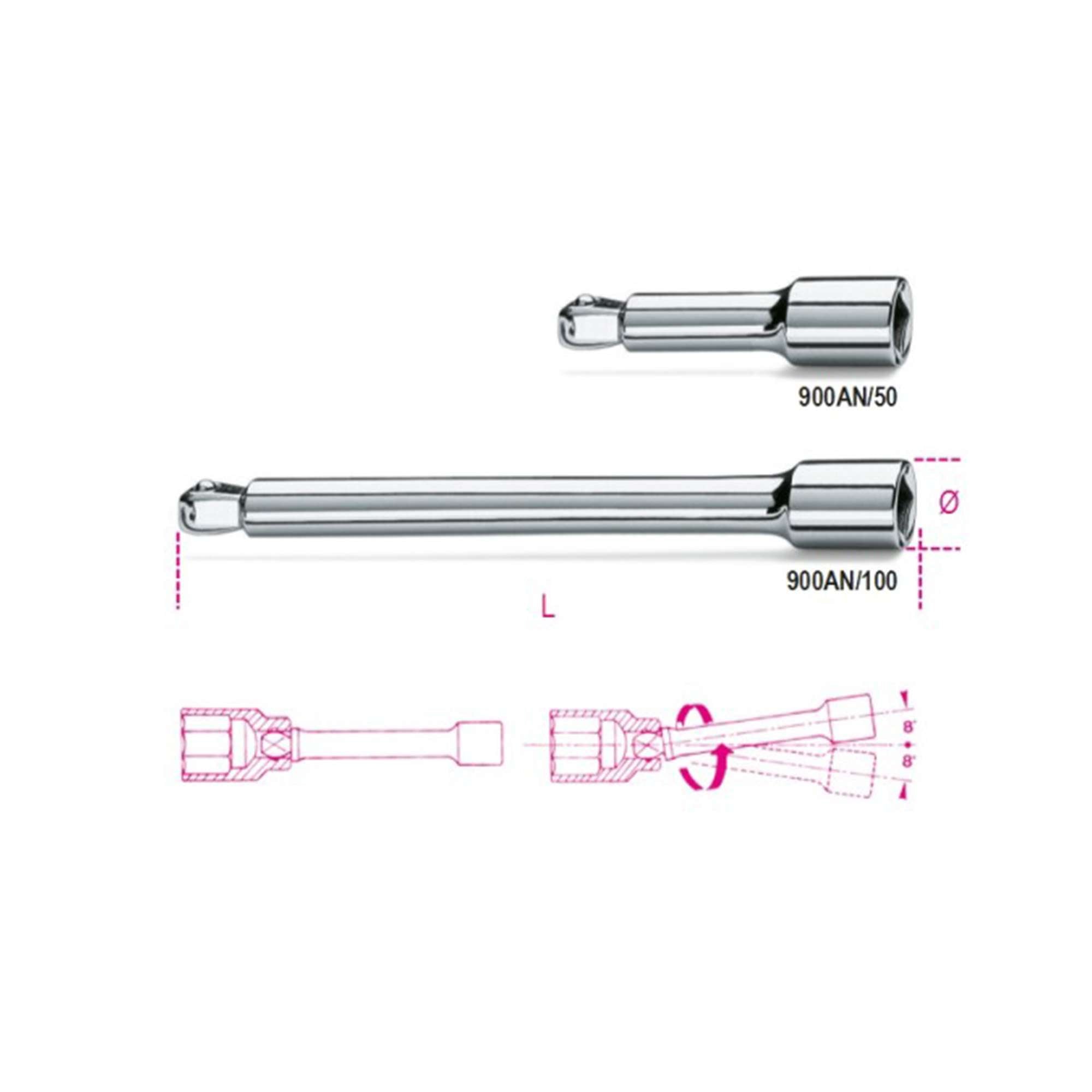 Prolunghe Angolari 50mm attacchi quadri, maschio e femmina 1/4" angolari 09000825 Beta