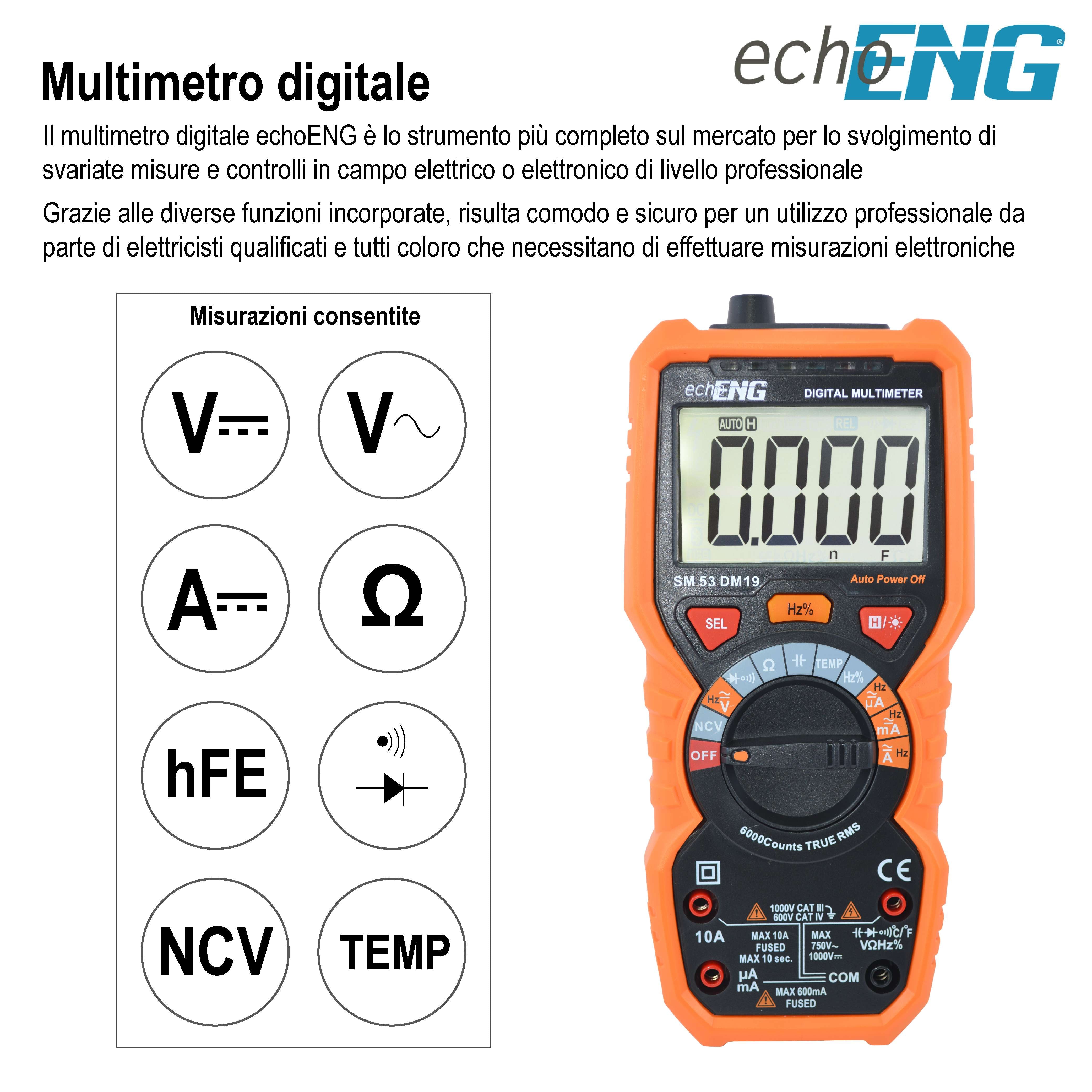 Multimetro Digitale 6000Counts 600V CAT IV e 1000V CAT III - echoENG SM 53 DM19