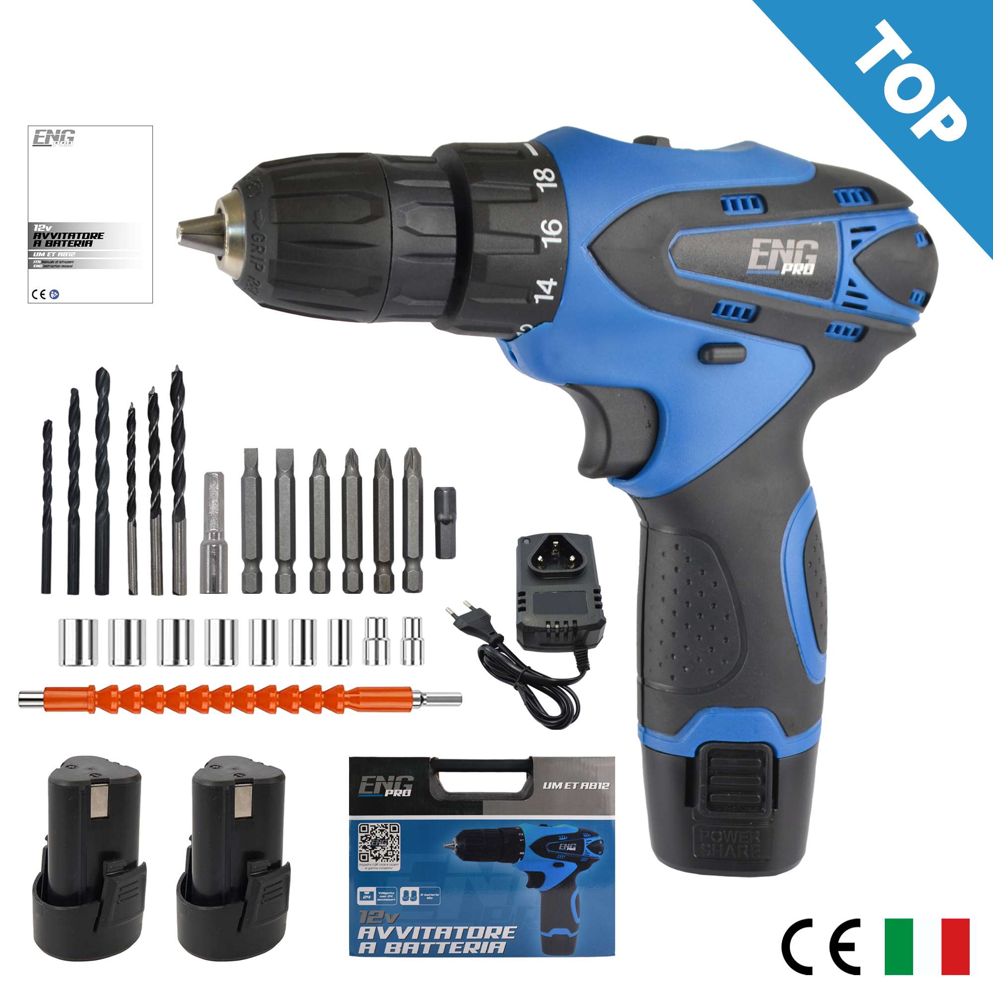 Trapano avvitatore a batteria 12V, valigetta 24 accessori - ENG PRO UM ET AB12