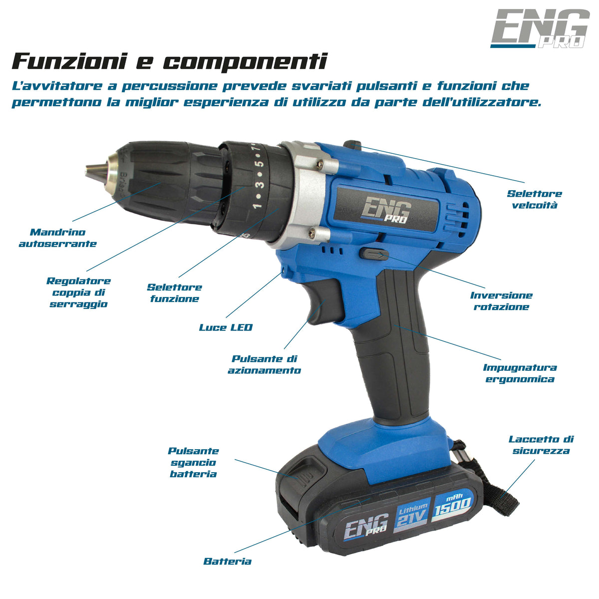 Trapano avvitatore foratura a percussione 21V +27 accessori - ENG PRO UM ET AB21