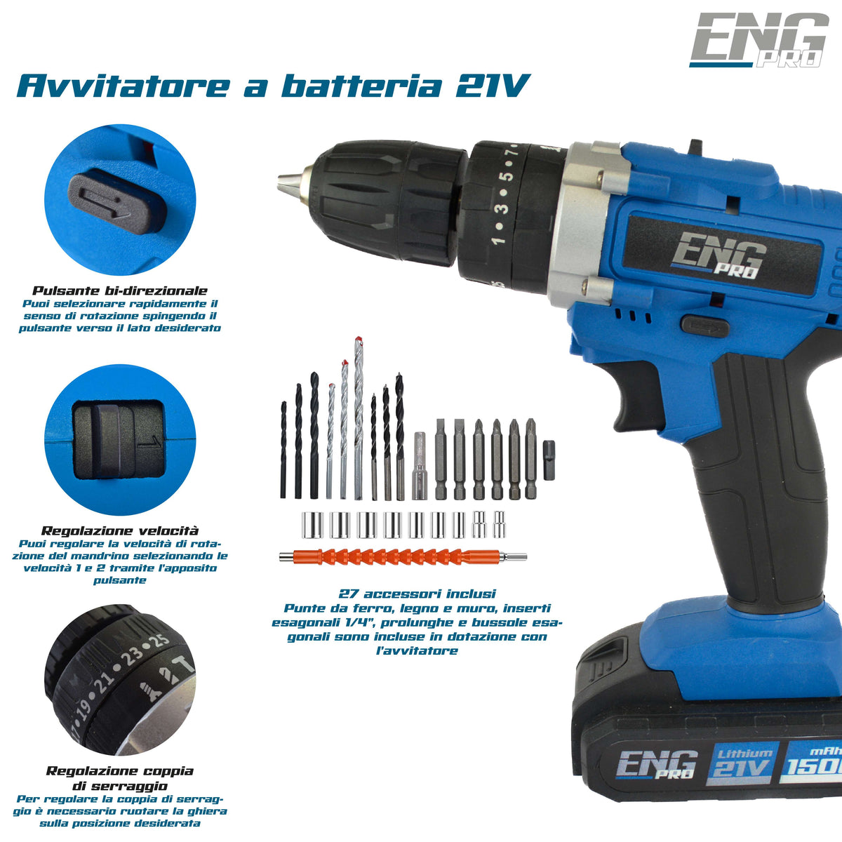 Trapano avvitatore foratura a percussione 21V +27 accessori - ENG PRO UM ET AB21