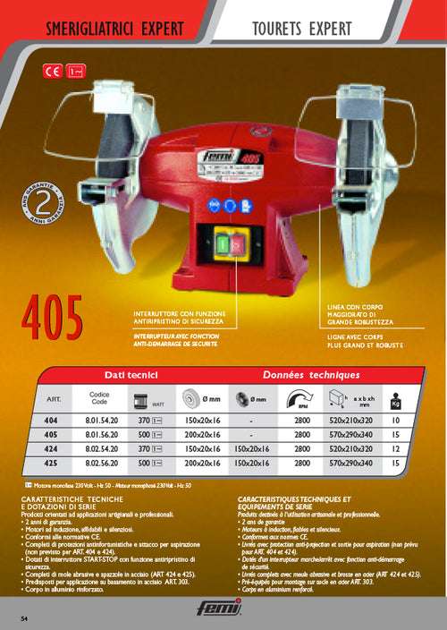 Femi 405 smerigliatrice doppia mola da banco diametro 200mm motore monofase 500W