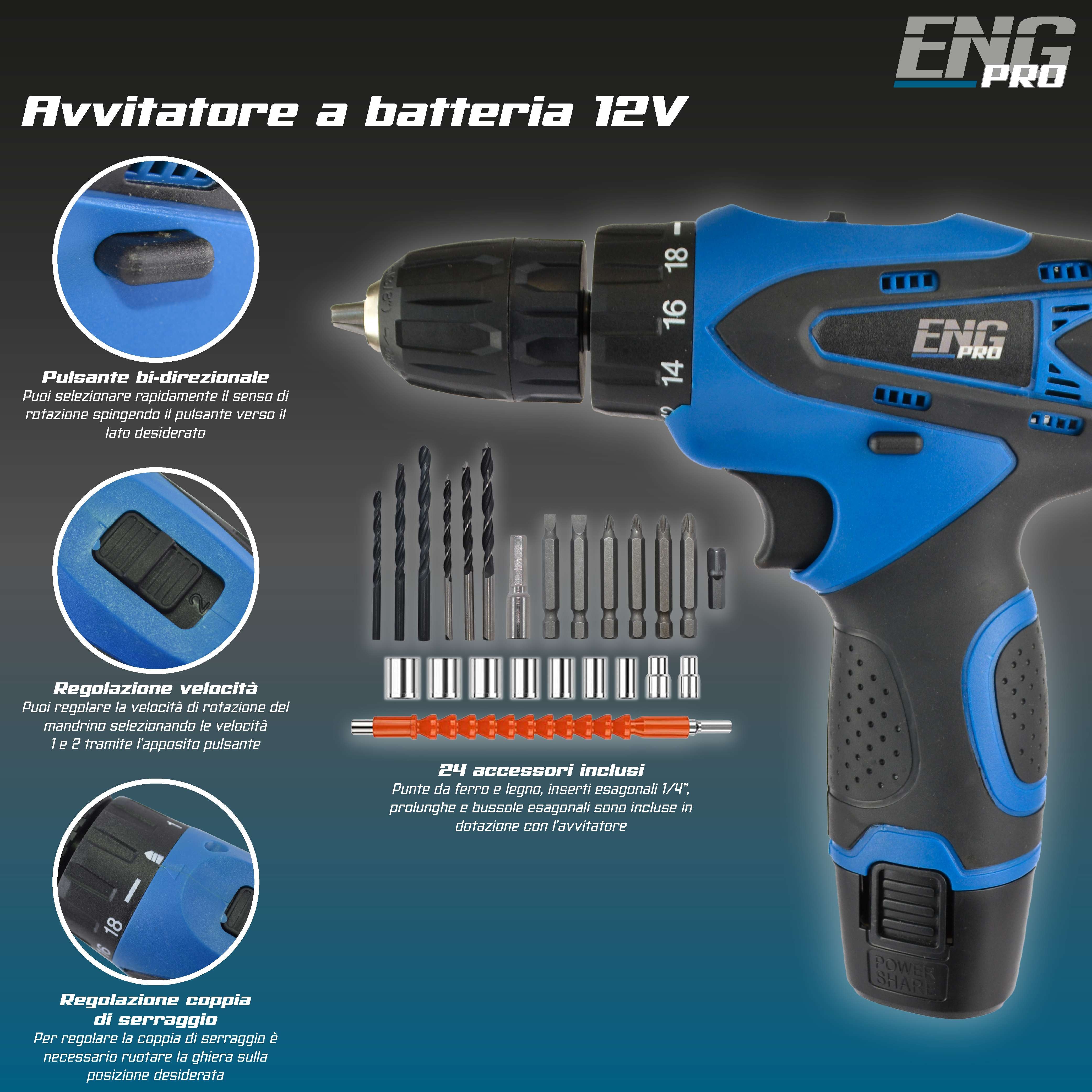 Trapano avvitatore a batteria 12V, valigetta 24 accessori - ENG PRO UM ET AB12