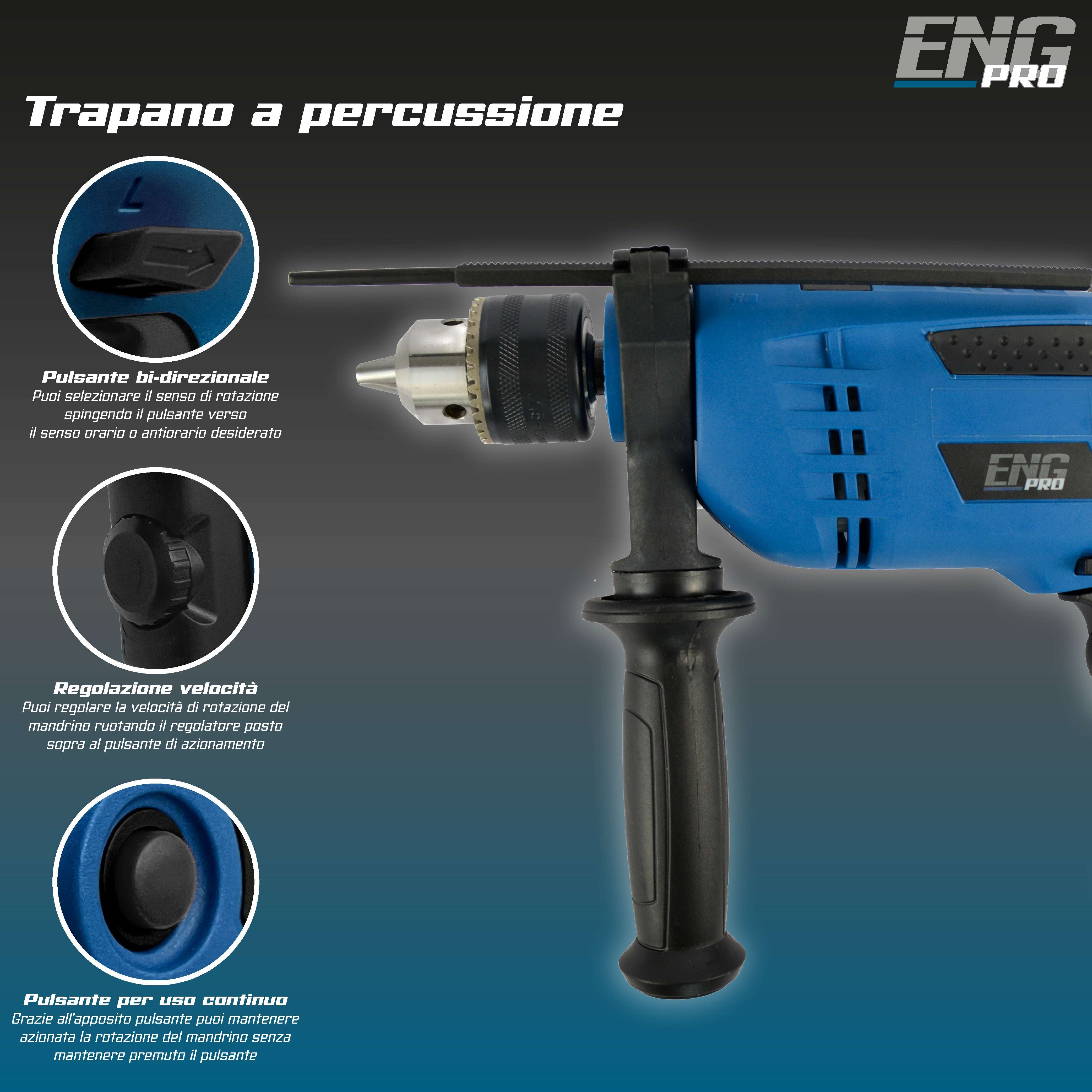 Trapano a percussione con funzione di foratura 650W 13mm - ENG PRO UM ET TP13