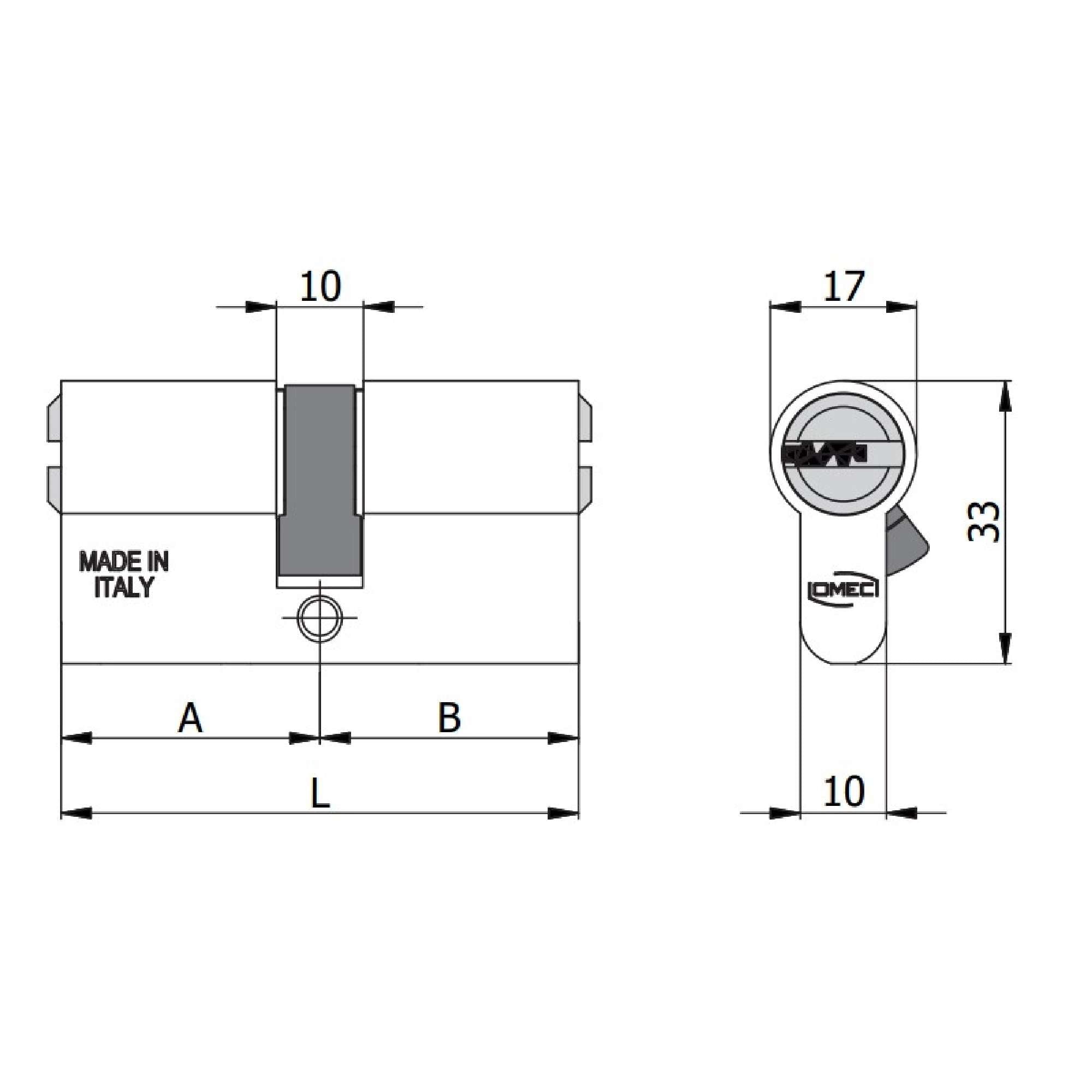 Cilindro sagomato lega alluminio e Inox L.70 (30+40) + 3 chiavi - OMEC 2120/14 L